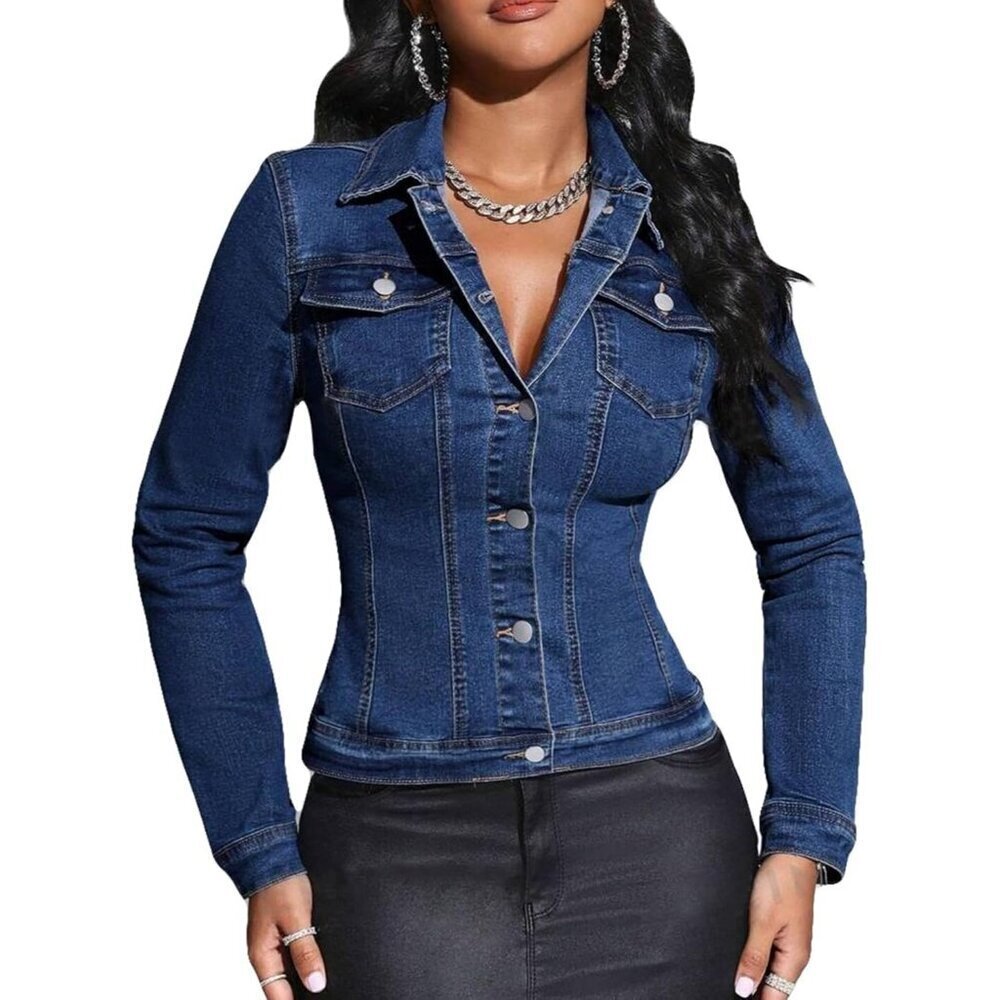 Women's Cropped Denim Jacket Lapel Button Down Long Sleeve Jean Jacket Dark Blue